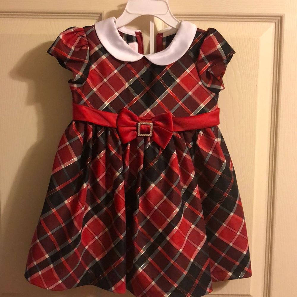 Red white and black plaid dress with gold accents